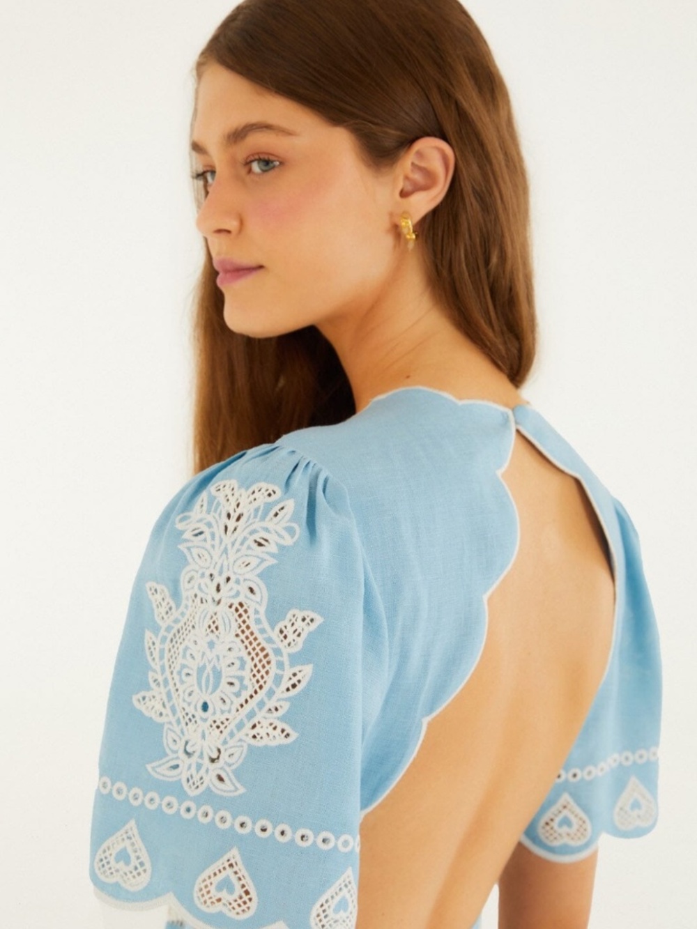 Embroidered Euroflax Premium Linene Midi Dress ~ Light Blue - Picture 4 of 5